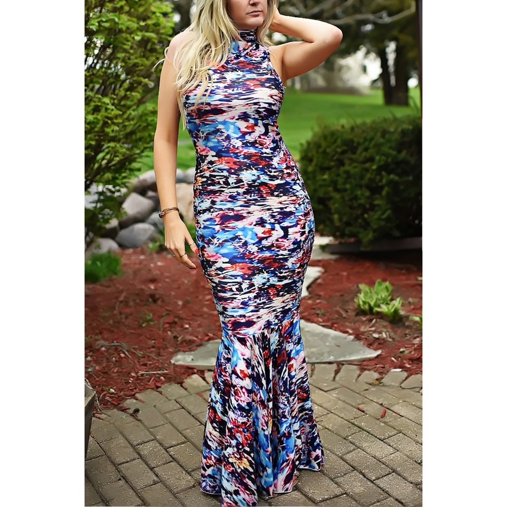 Multicolored Turtleneck Mermaid Stretchy Dress
